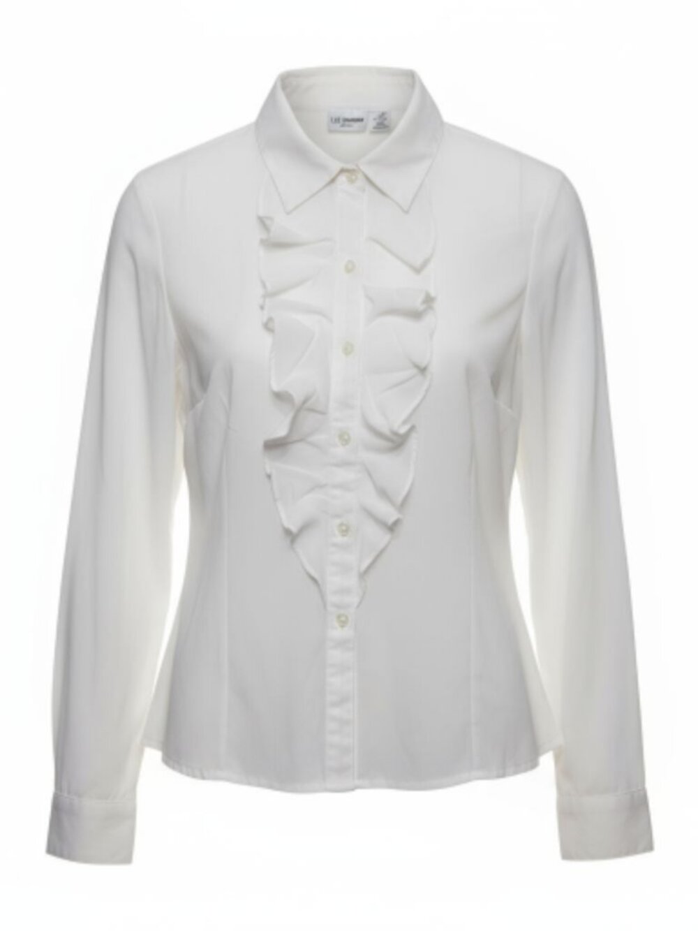 Liz Baker Blouse Women 10P Petite White Ruffle Sheer Fairy Long Sleeve Button Up